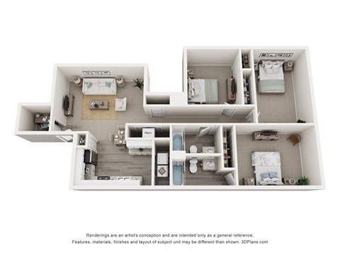 A white 3D floor plan of a house with multiple rooms.